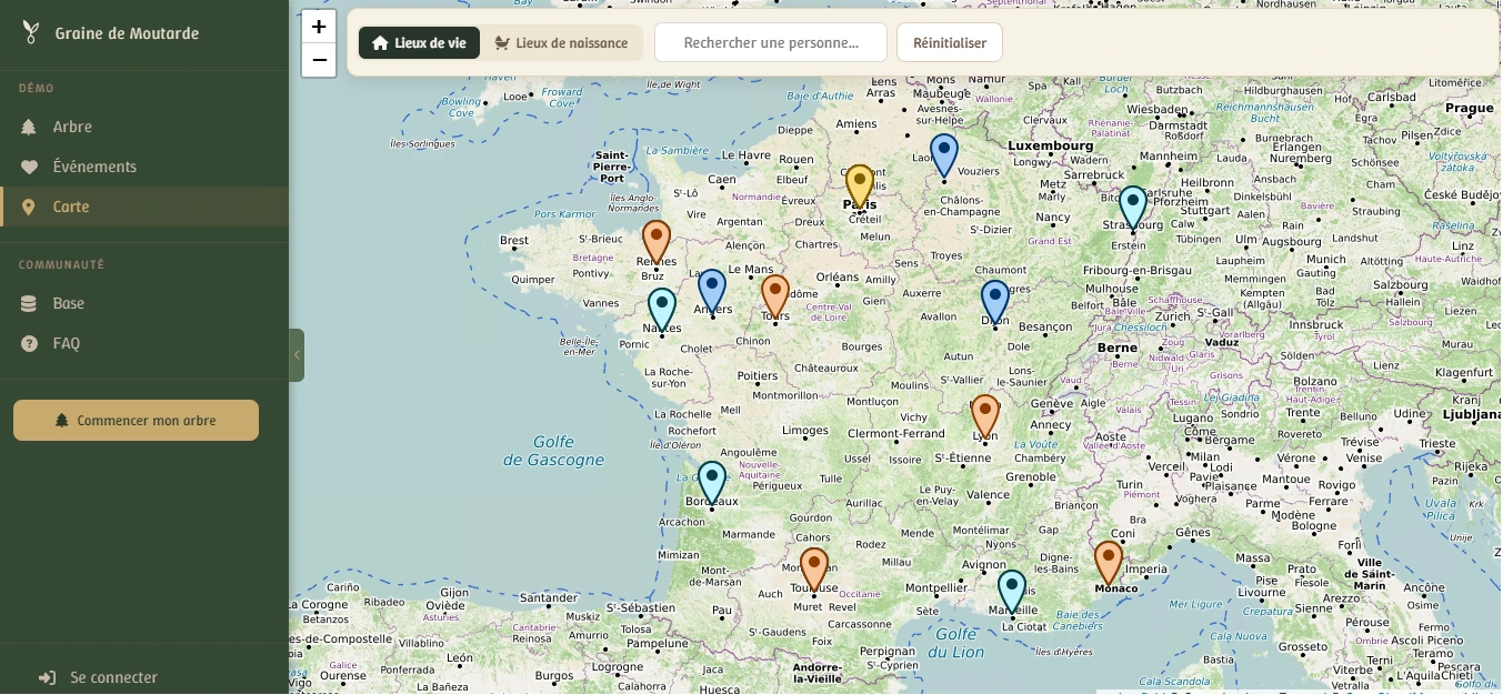 Carte des lieux de vie et de naissance de la famille