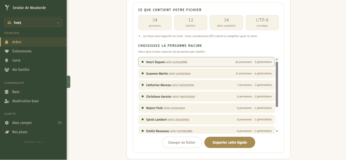 Écran d'analyse d'un fichier GEDCOM avant import